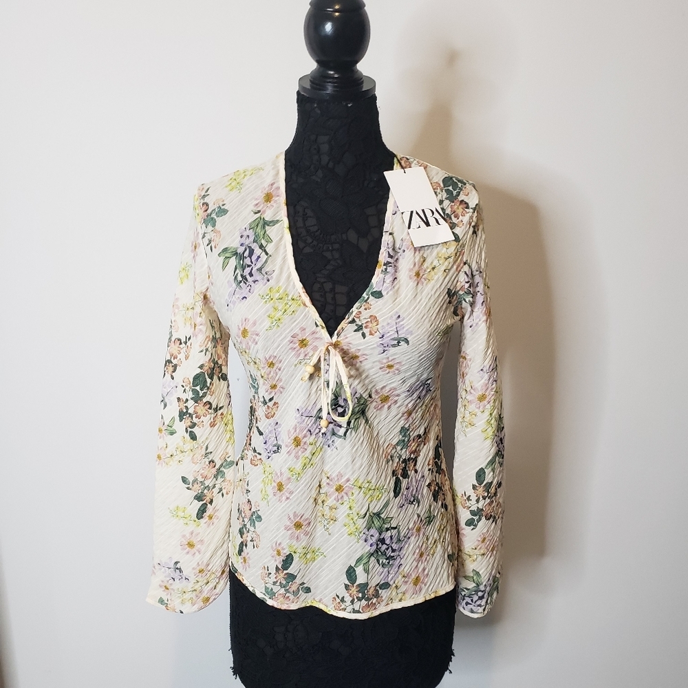 Zara Womens Multicolor Floral V Neck Long Sleeve Pullover Blouse Top Size M